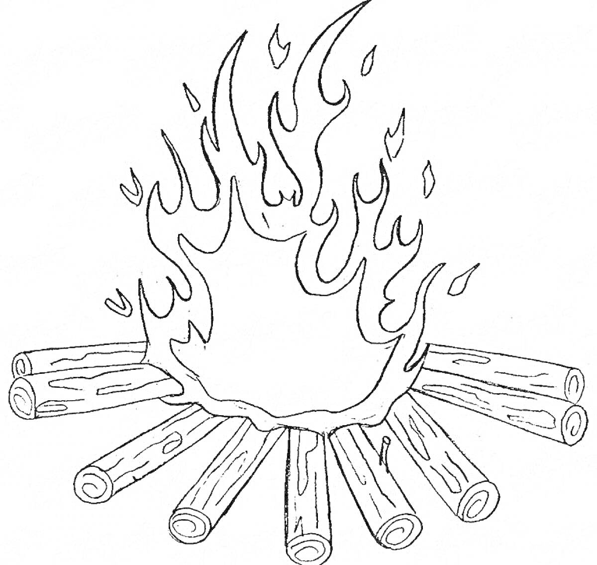 На раскраске изображено: Огонь, Костер, Пламя, Поленья, Контурное изображение, Природа, Тепло