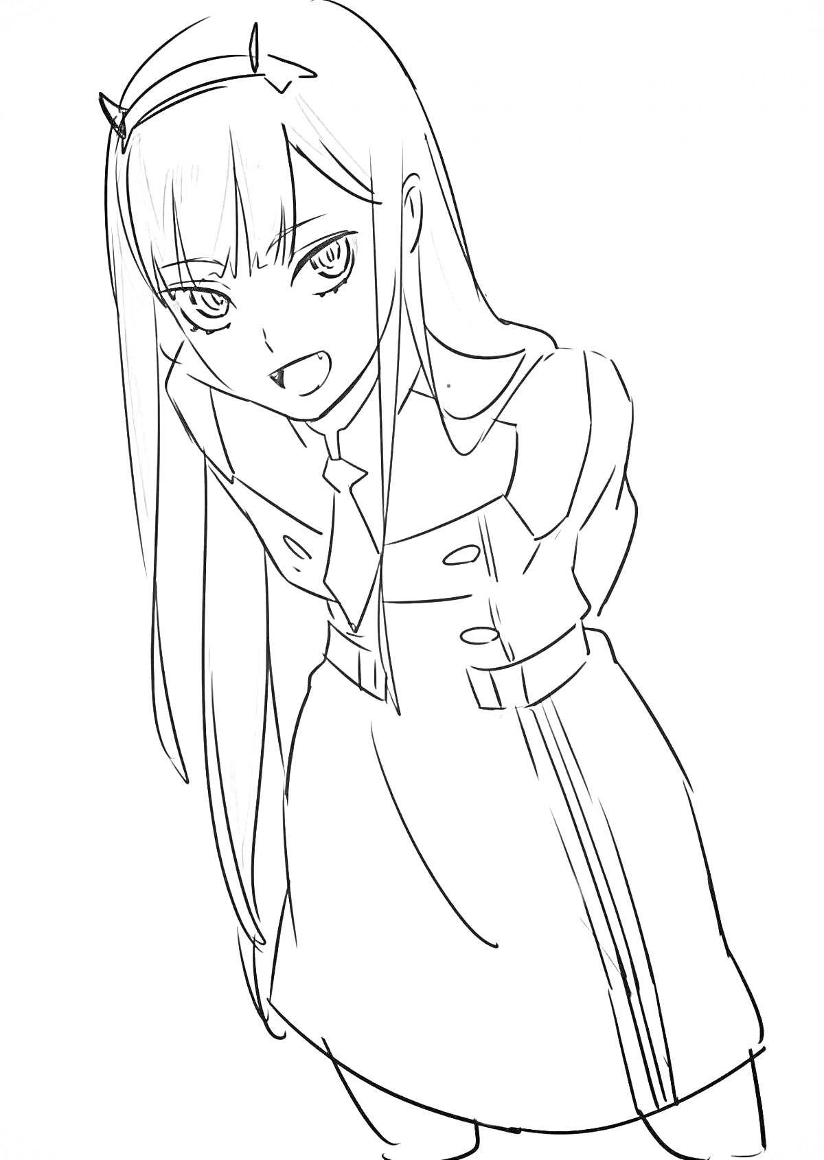 Раскраска Девочка из аниме с длинными волосами, наклонившаяся вперёд, в платье с длинными рукавами и кнопками