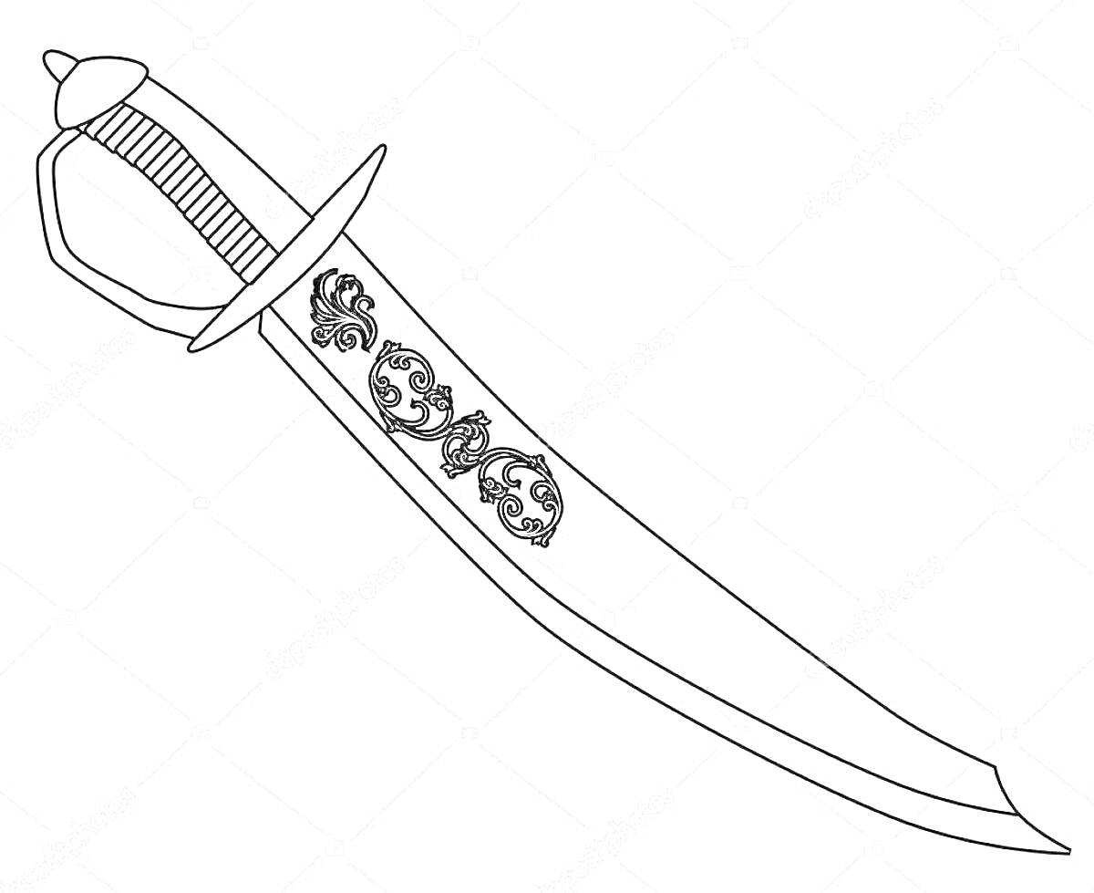 Раскраска Сабля с защитной гардой и декоративным орнаментом на клинке