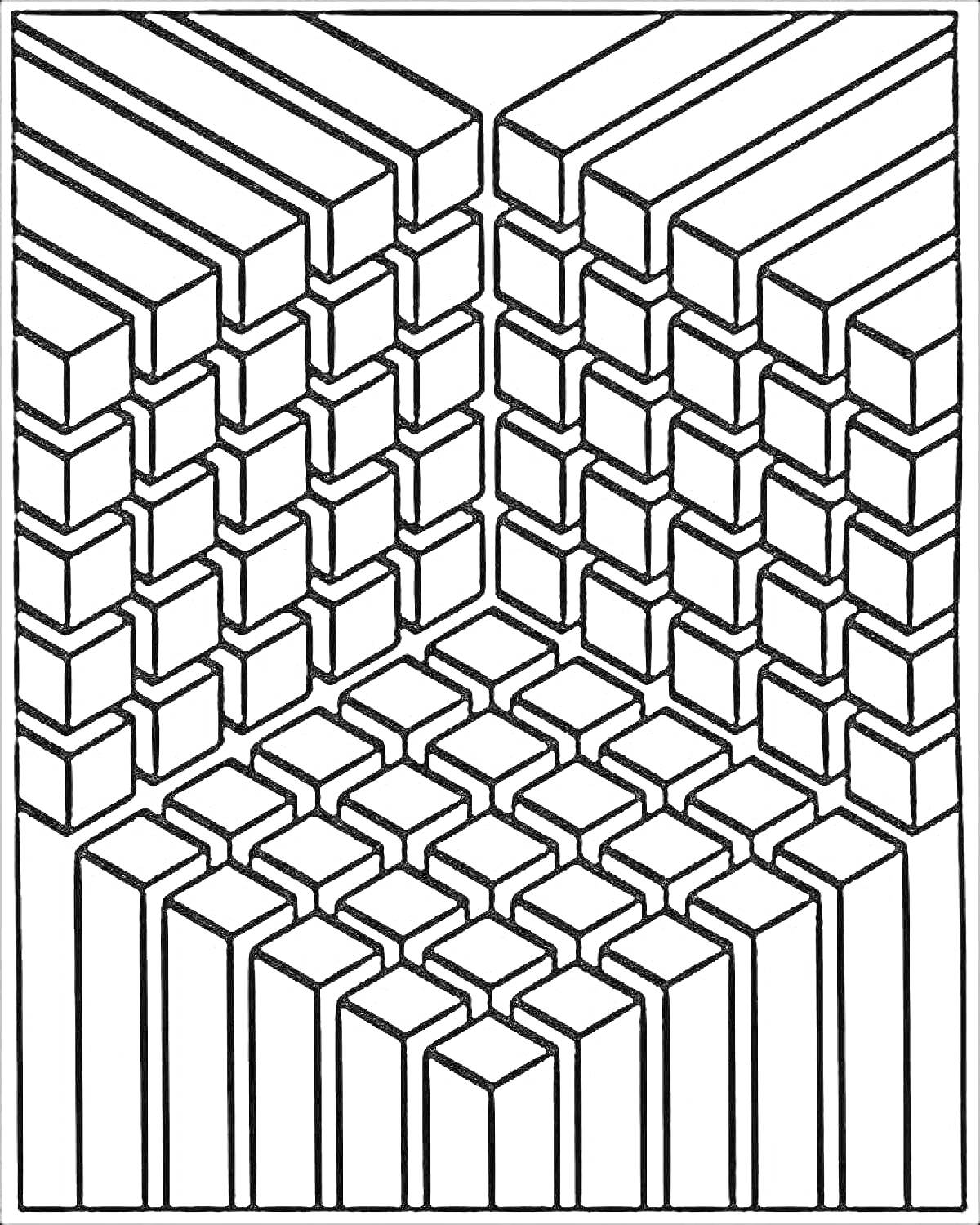 Раскраска Объемная иллюзия с трехмерными кубами в углу