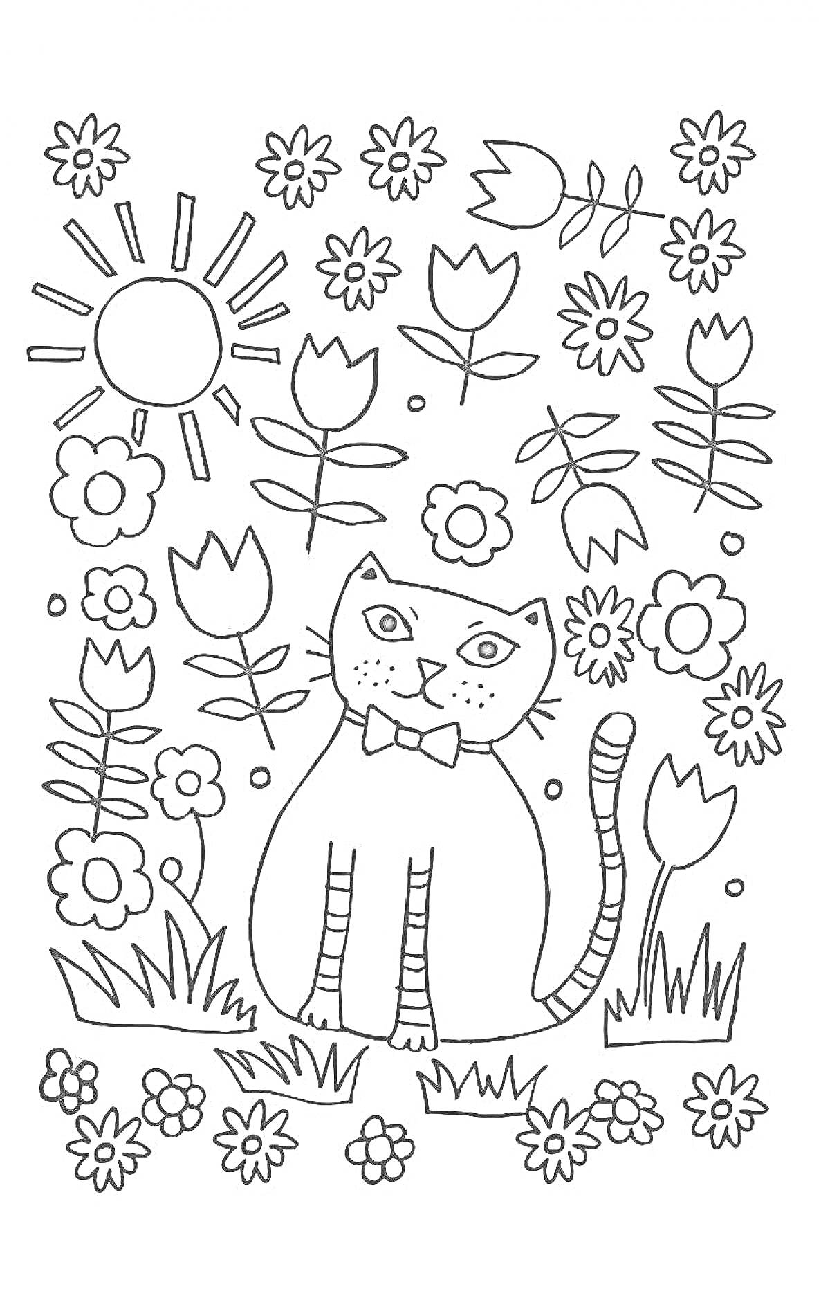 На раскраске изображено: Кот, Бант, Цветы, Трава, Солнце, Антистресс, Кототерапия, Природа