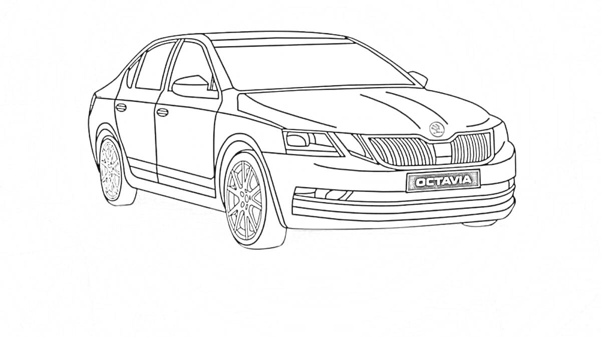 Раскраска Чёрно-белая раскраска автомобиля Škoda Octavia с чётким изображением кузова и деталей передней части машины