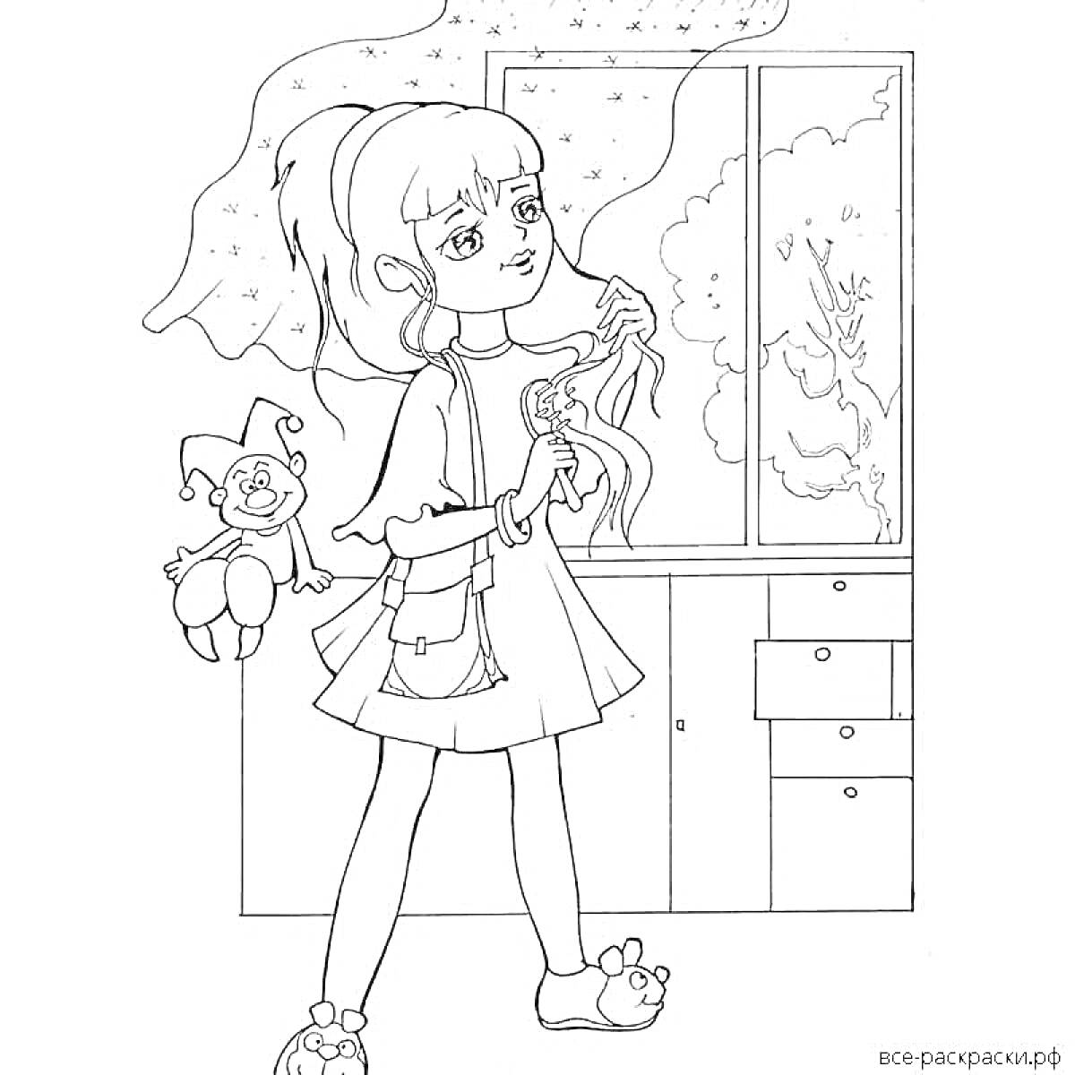 На раскраске изображено: Девочка, Кукла, Комната, Мебель, Волосы, Небо
