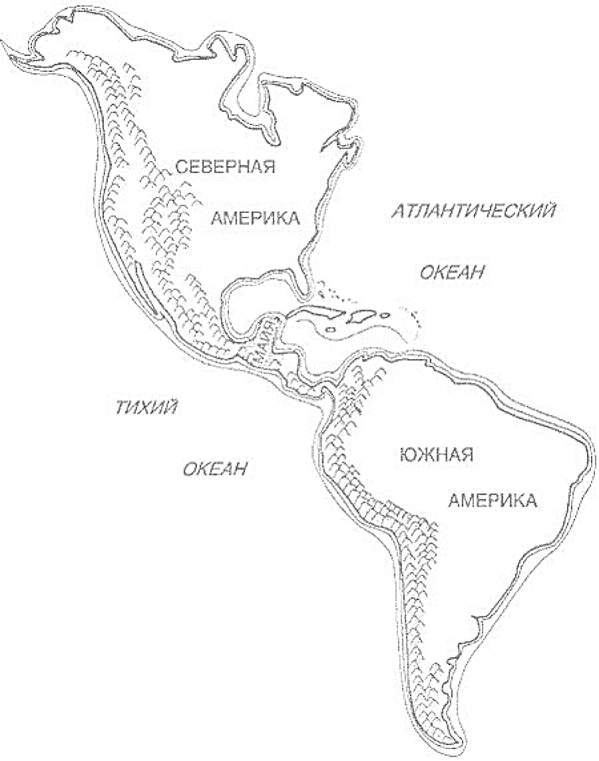 На раскраске изображено: Карта, Северная Америка, Южная Америка, Тихий океан, Атлантический океан, Горы, Континенты