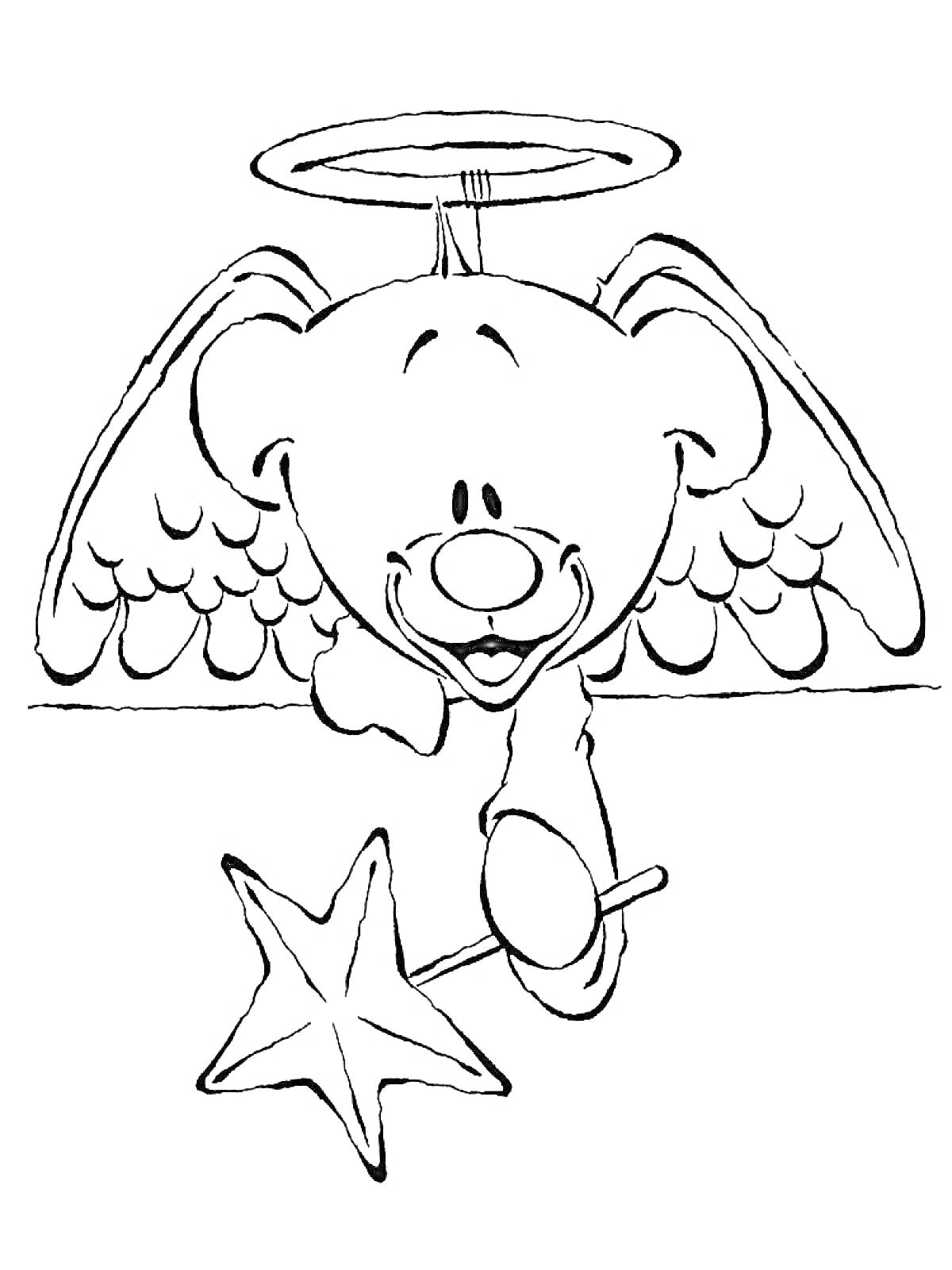 Раскраска Диддл в образе ангела с нимбом и волшебной палочкой в форме звезды