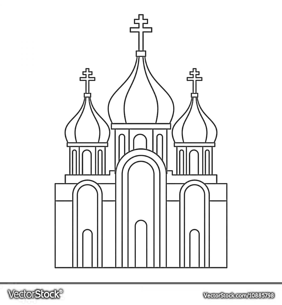 На раскраске изображено: Храм, Собор, Купола, Арочные двери, Архитектура, Здание, Религия, Православный, Церковь