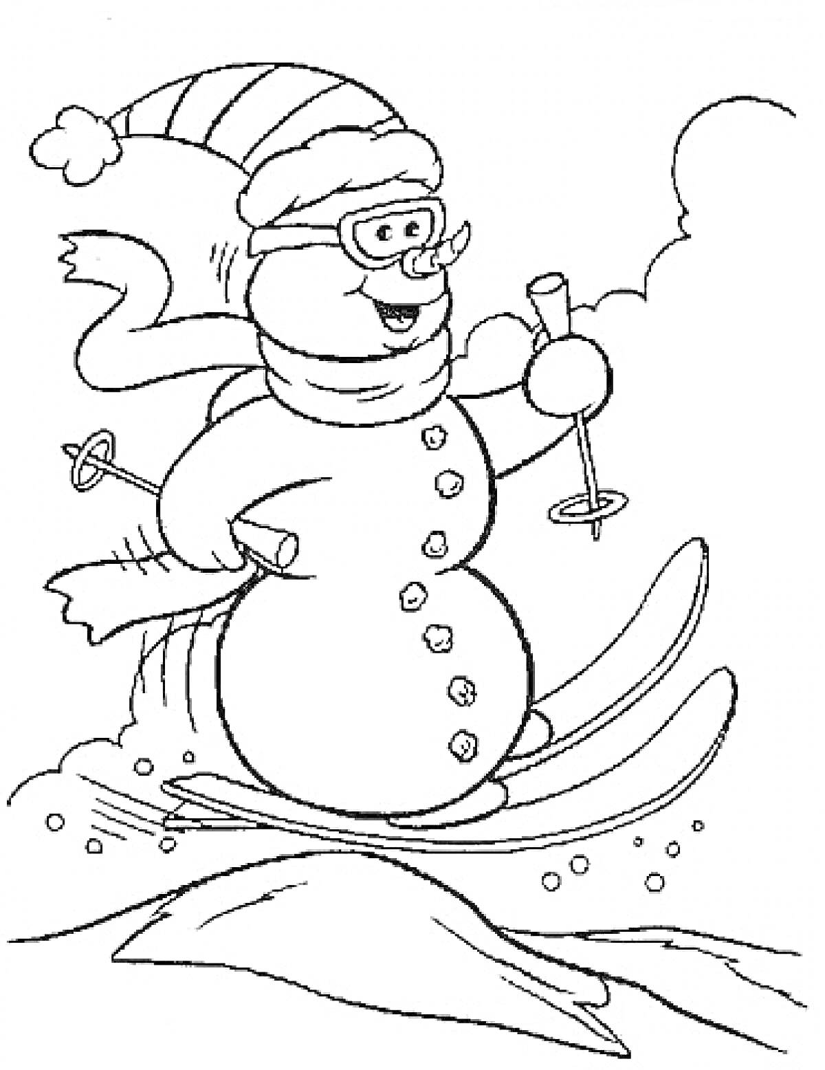 Раскраска Снеговик на лыжах в шапке и шарфе, с очками и палками