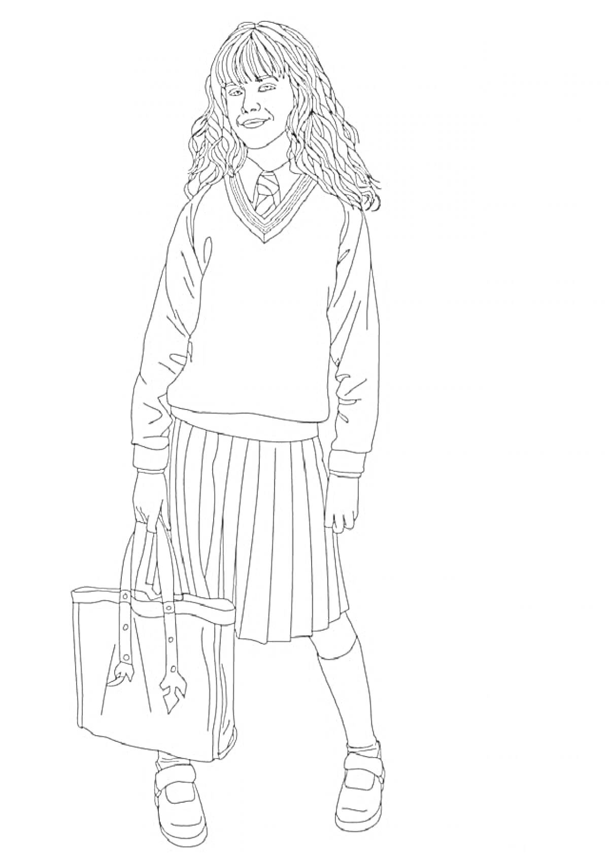 Раскраска Гермиона в ученической форме с сумкой в руке
