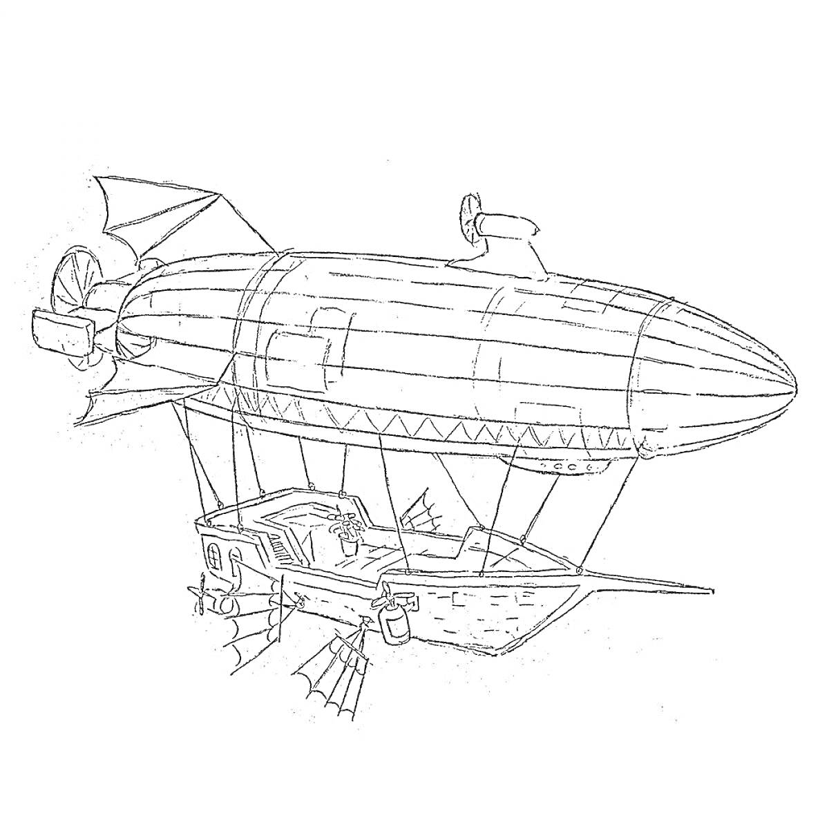 Раскраска Дирижабль с пропеллерами и кабиной на подвесах