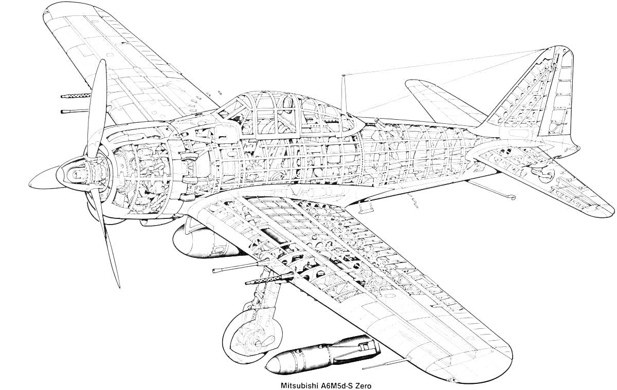 Раскраска Иллюстрация внутренней структуры истребителя самолета с бомбой под крылом