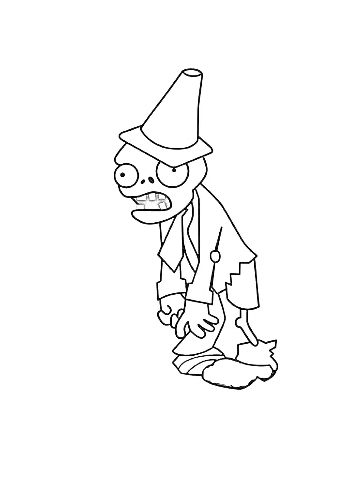 Раскраска Зомби с дорожным конусом на голове в рваной одежде
