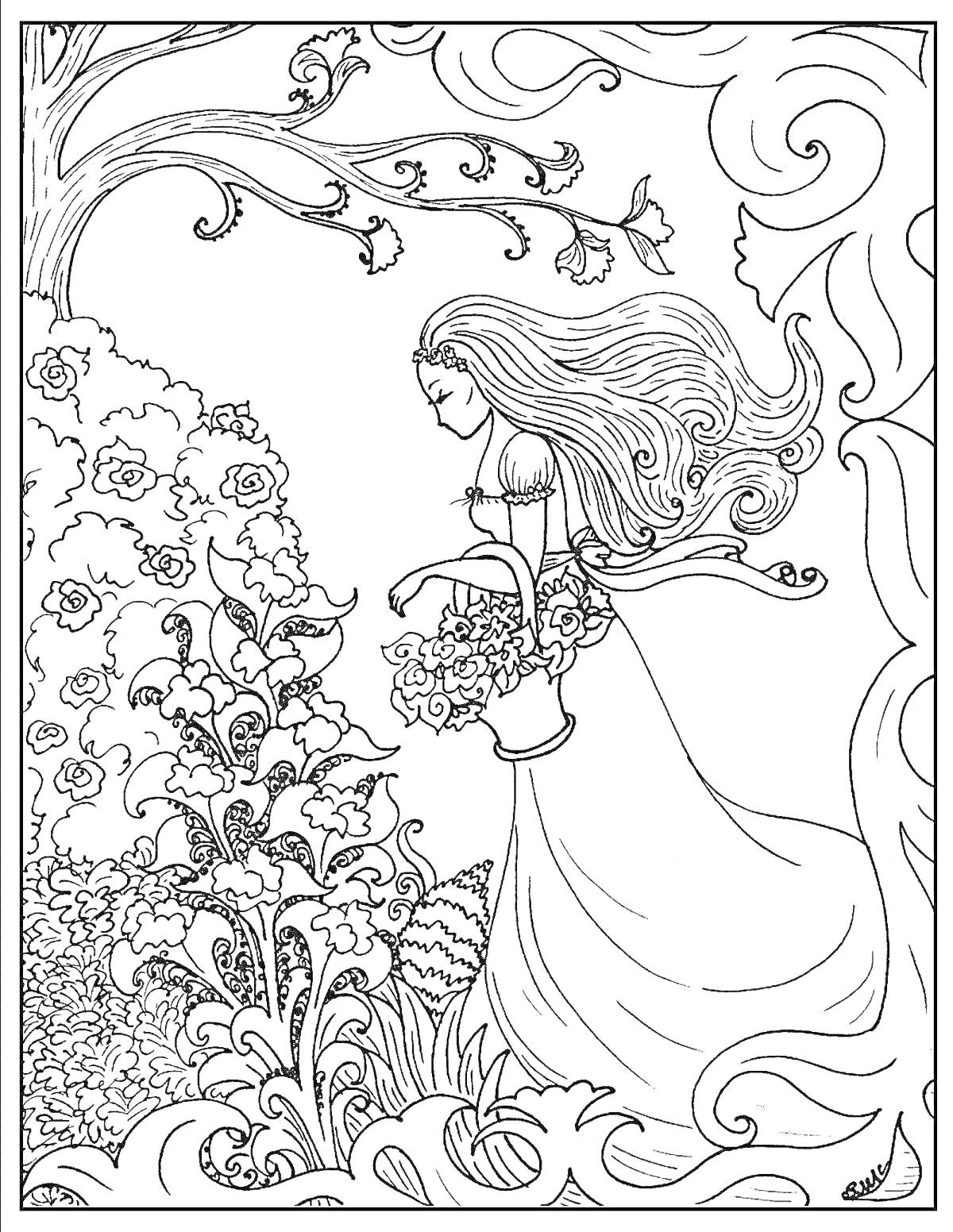 РаскраскаДевушка весна с длинными волосами в длинном платье собирает цветы, фон из ветвей и цветущих кустов