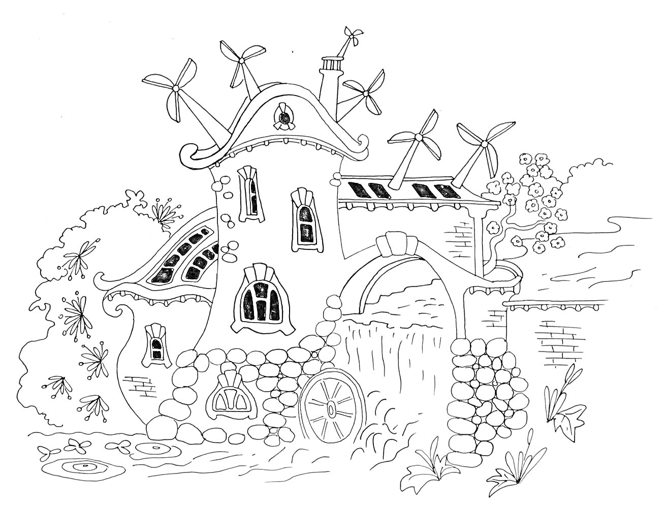 На раскраске изображено: Дом, Мост, Речка, Каменные стены, Кусты, Цветы, Мельница