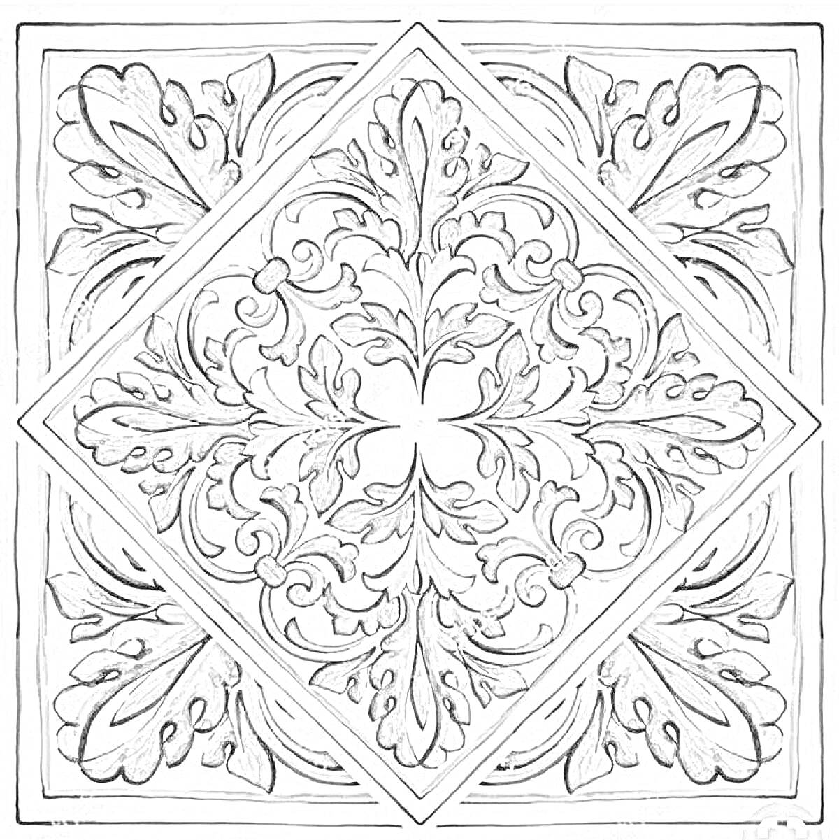Раскраска Керамическая плитка с растительным орнаментом в виде листьев и завитков в квадратной раме