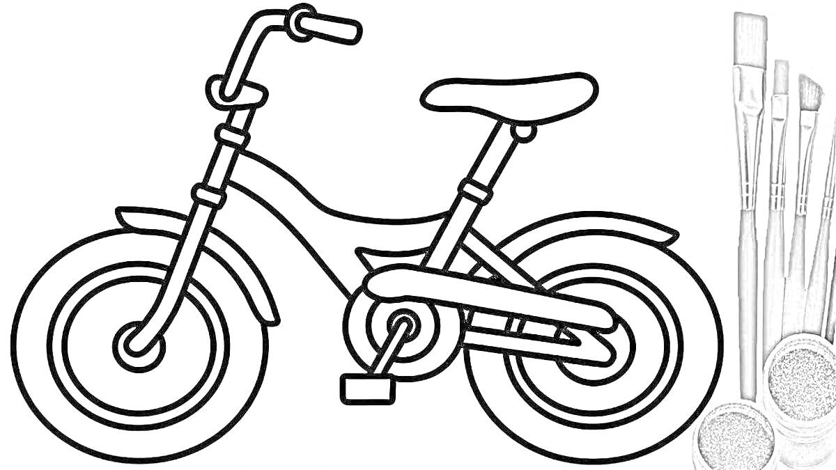 Раскраска Детский велосипед и кисточки для рисования