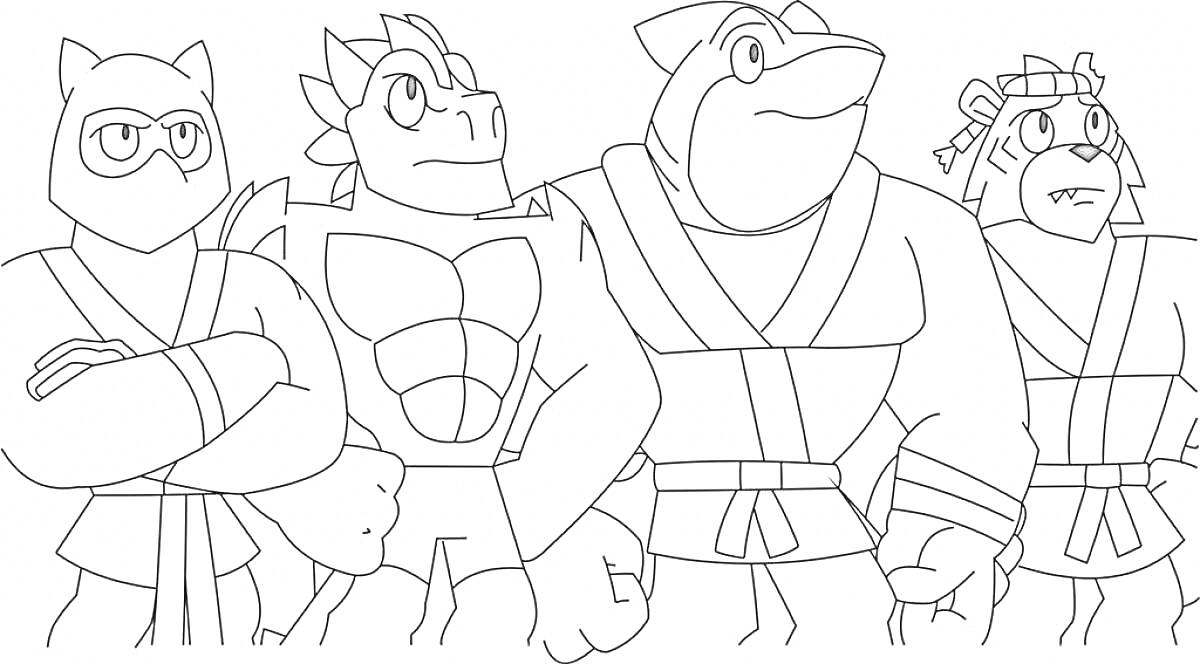 Раскраска Гуджитсу герои в кимоно (четыре персонажа в кимоно: сова, дракон, акула и тигр)