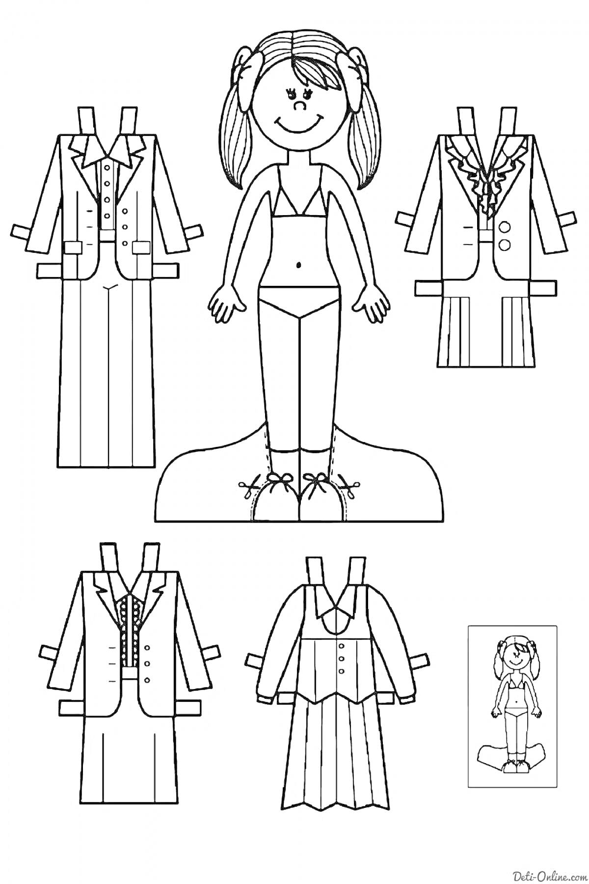 Раскраска Кукла для вырезания из бумаги с различными нарядами (одежда: деловой костюм с брюками, деловой костюм с юбкой, пикейный жилет с юбкой, пикейный жилет с длинной юбкой)