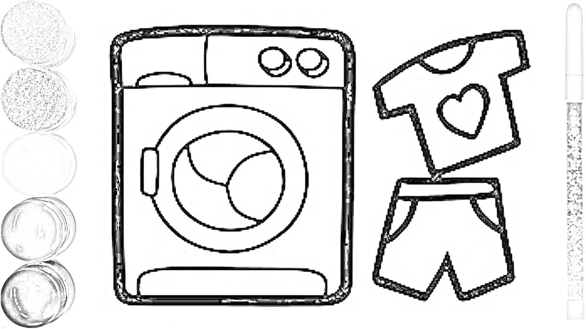 Раскраска Стиральная машина, футболка с сердцем, шорты, цвета краски и фломастер