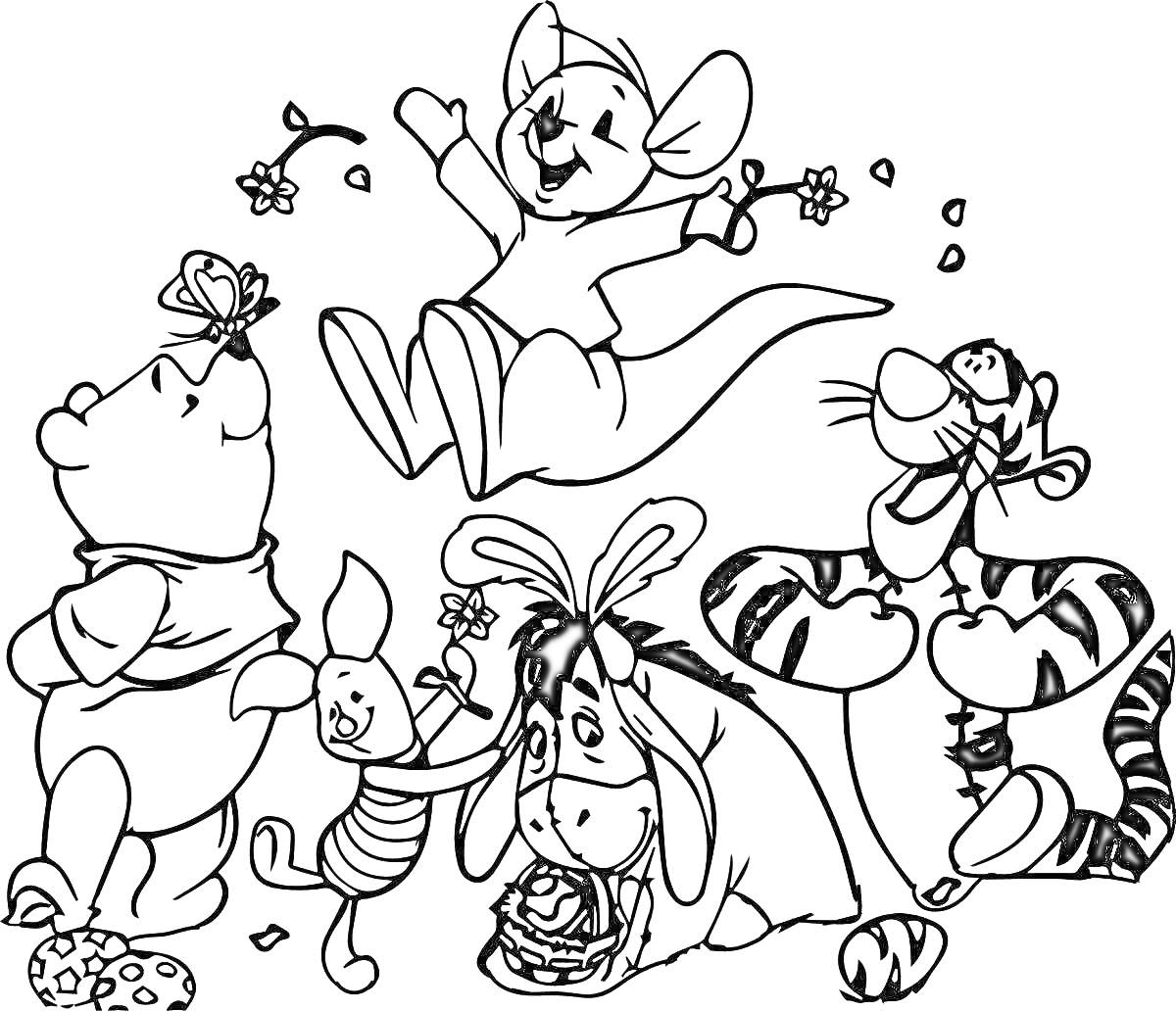 На раскраске изображено: Медведь, Тигр, Осел, Мышь, Цветы, Друзья