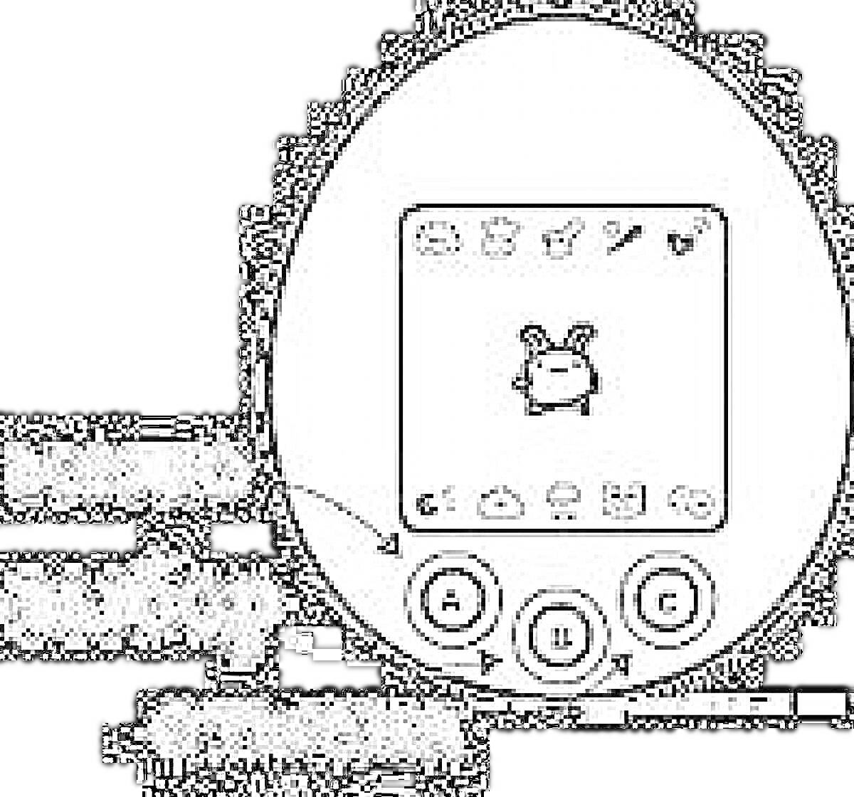 Раскраска Тамагочи с экраном, тремя кнопками (A, B, C) и пиксельным персонажем