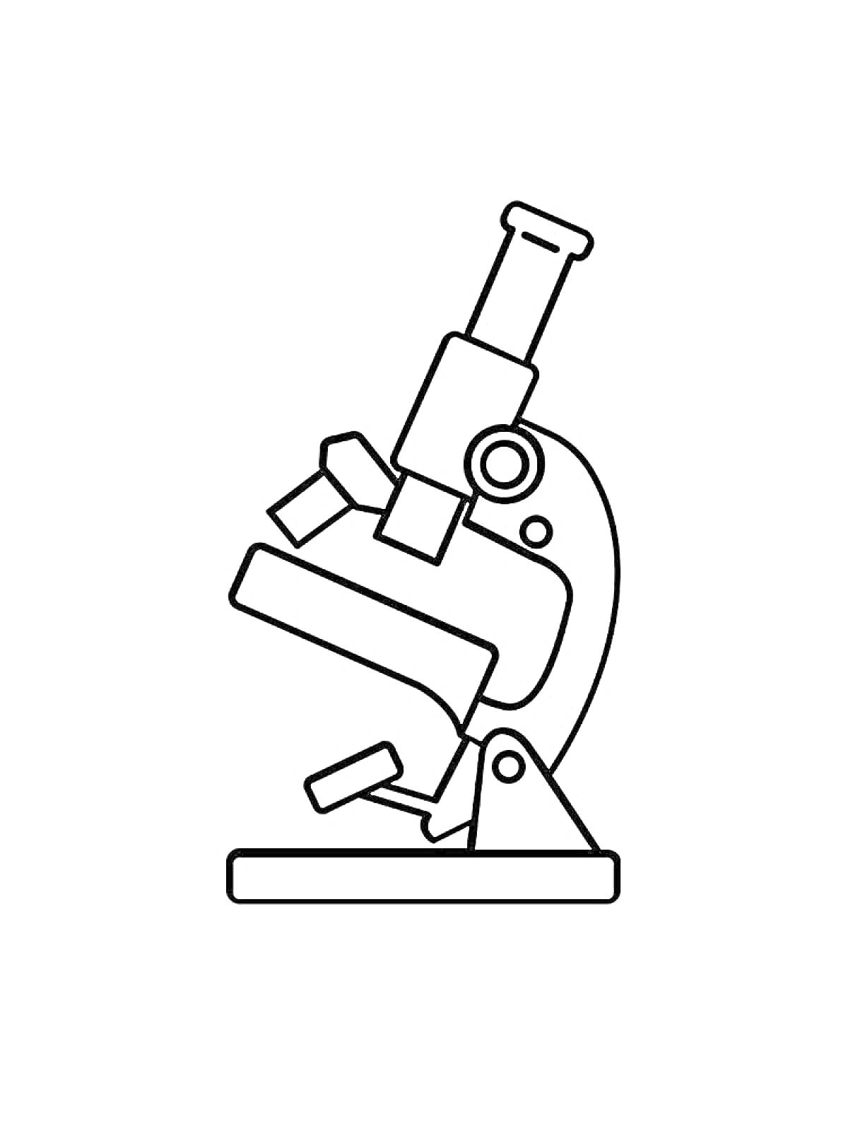 На раскраске изображено: Микроскоп, Револьвер, Штатив, Лаборатория, Наука, Оптика, Инструмент