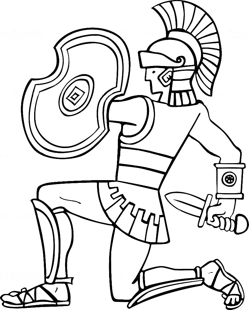 Раскраска Воин со щитом и мечом в шлеме
