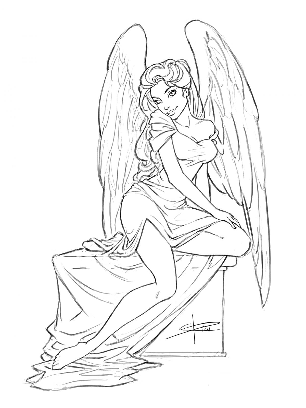 Ангел, сидящий на пьедестале в длинном платье