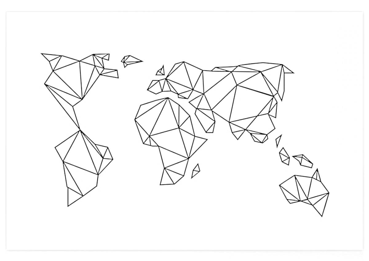 Раскраска Карта мира из оригами, континенты с геометрическими узорами