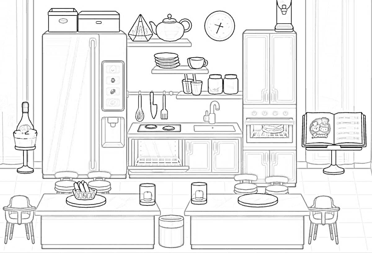 Раскраска Кухня с синим гарнитуром, холодильником, плитой, духовкой, раковиной, столами, стульями и полками с посудой.