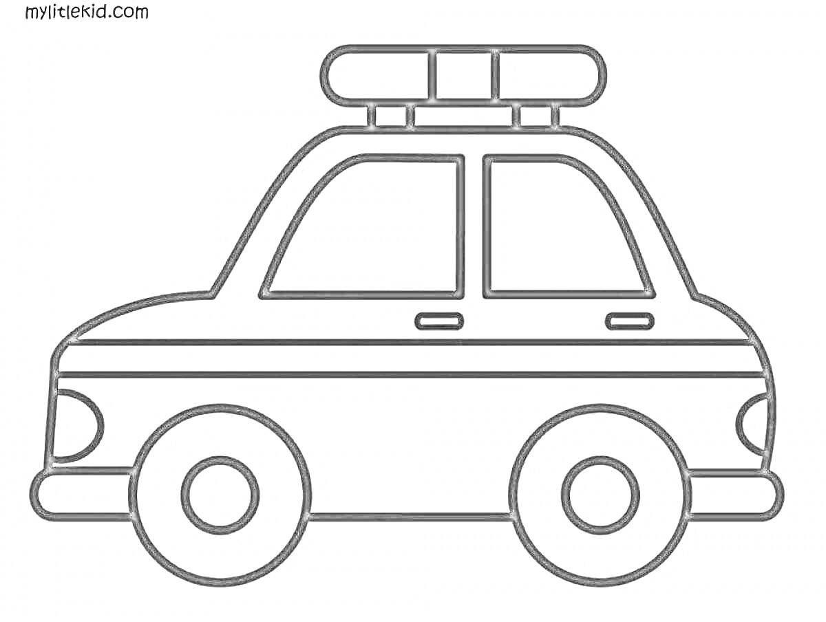 На раскраске изображено: Полицейская машина, Мигалки, Для мальчиков, Транспорт, Три года