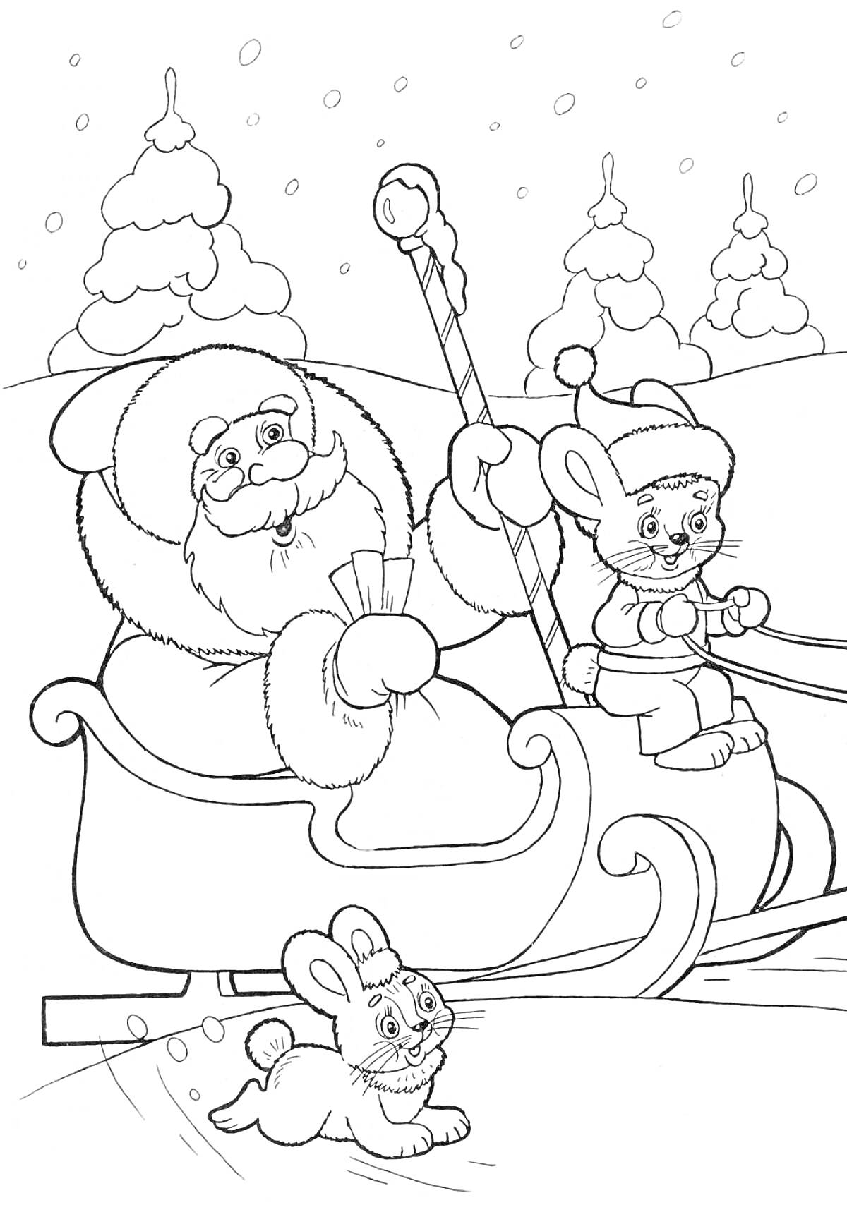 На раскраске изображено: Дед Мороз, Зайцы, Зимний лес, Снег, Сани