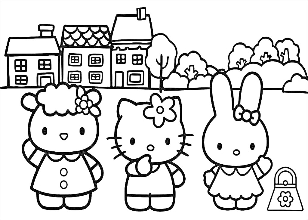 На раскраске изображено: Китти, Кролик, Деревья, Сумка, Цветы, Домик, Кот, Медведь