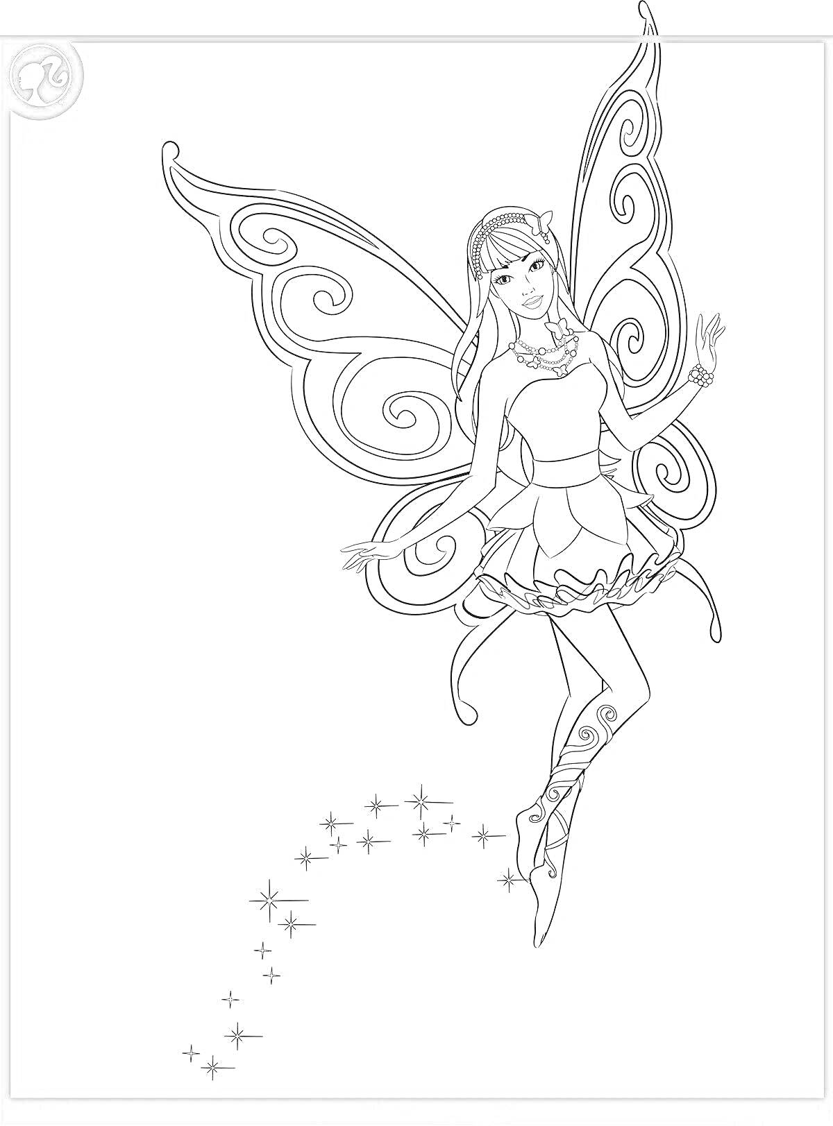 На раскраске изображено: Барби, Фея, Крылья, Звезды, Волшебство, Платье, Девочка