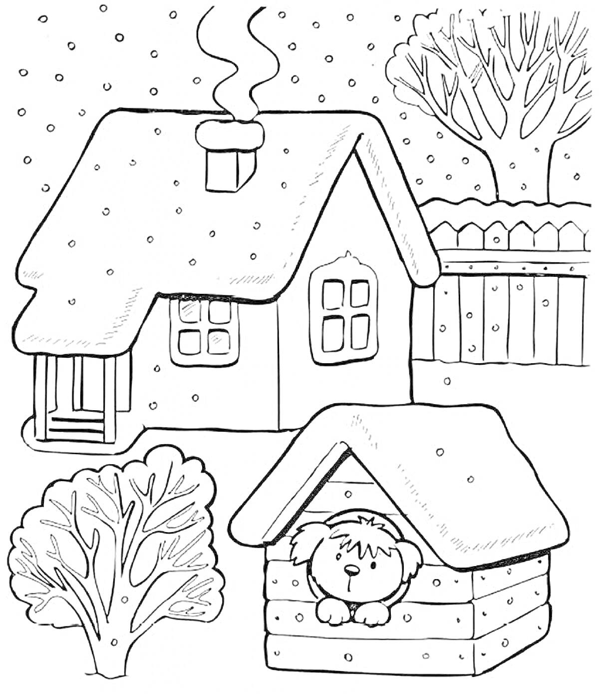 На раскраске изображено: Зима, Дом, Дым, Труба, Забор, Собака, Будка, Снег, Для детей, Деревья, Кусты