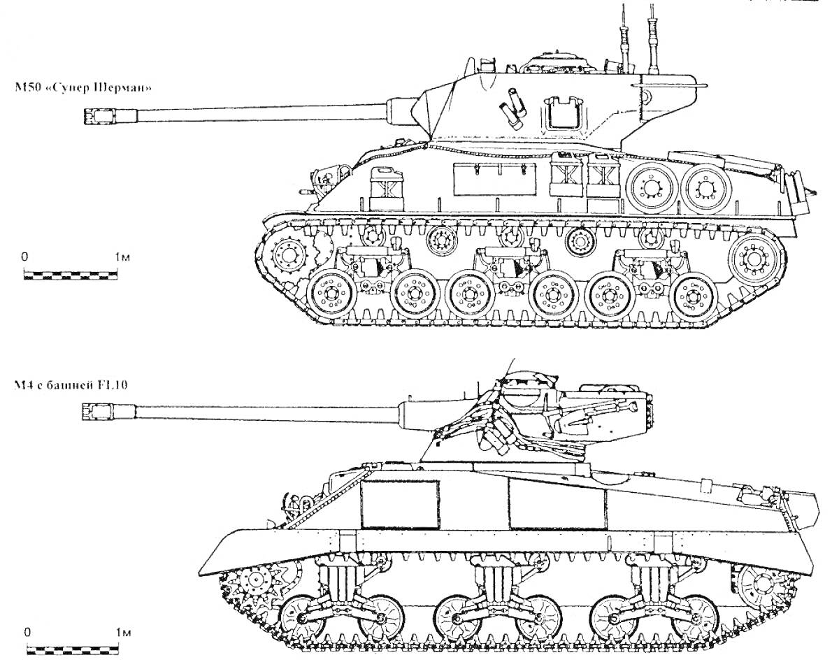 Два танка с длинными пушками в профиль. Верхний - M50-Ayre Sherman, нижний - M3A3 Stuart (L.O.S.E.)