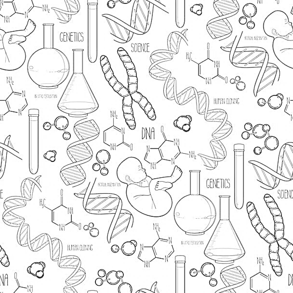 На раскраске изображено: Биология, Генетика, ДНК, Молекулы, Пробирки, Лаборатория, Наука, Исследования