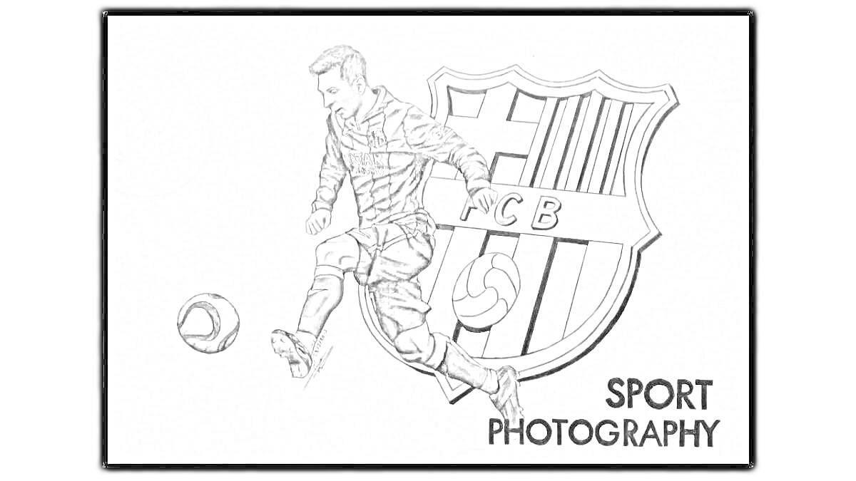 Раскраска Футболист с мячом на фоне логотипа ФК «Барселона» и надпись Sport Photography