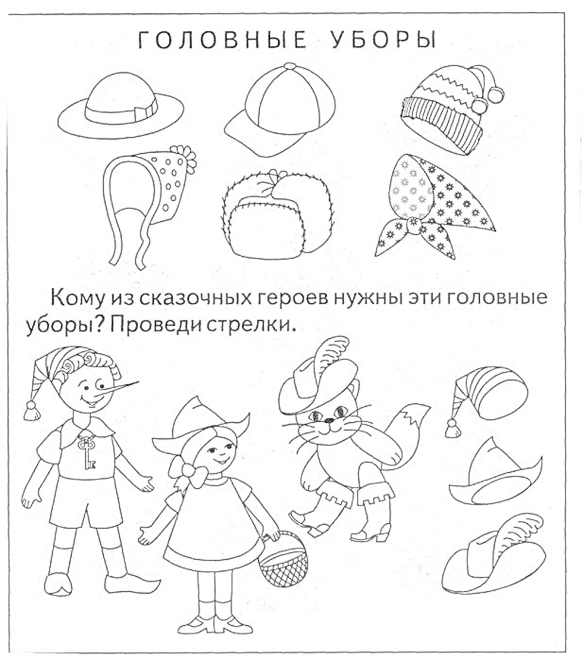 Раскраска Головные уборы для сказочных героев: шляпа, кепка, вязаная шапка, шапочка с ушками, меховая шапка, платок