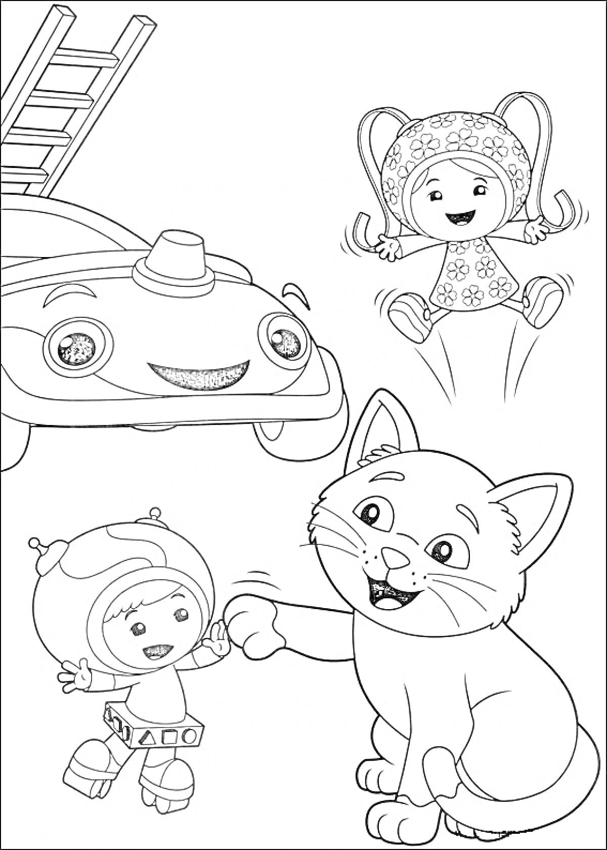Умизуми с пожарной машиной, девочкой, мальчиком и котенком
