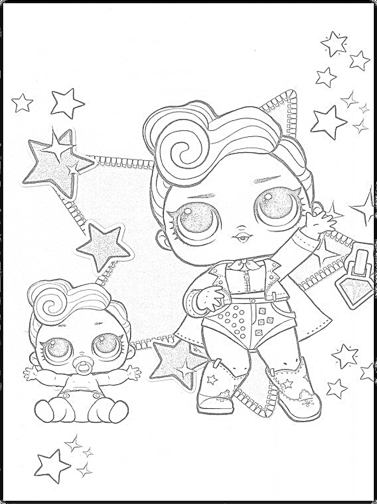 Раскраска Девочка ЛОЛ и младенец ЛОЛ на фоне звезд и большого рождественского украшения