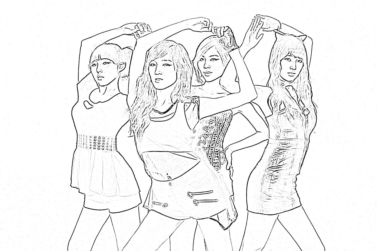 Четыре девушки с поднятыми руками, позируют в стильной одежде