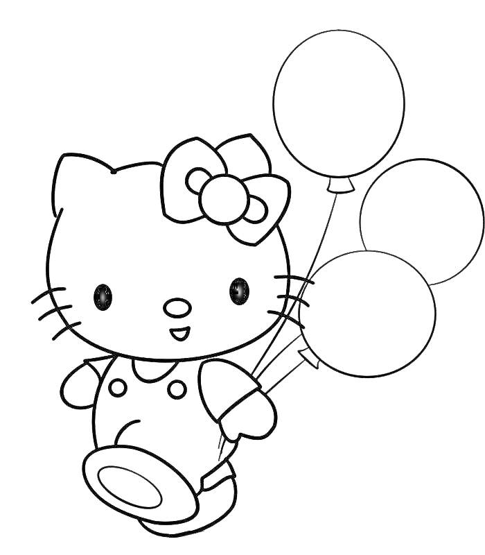 Раскраска Китти с бантом, в комбинезоне и с тремя воздушными шарами