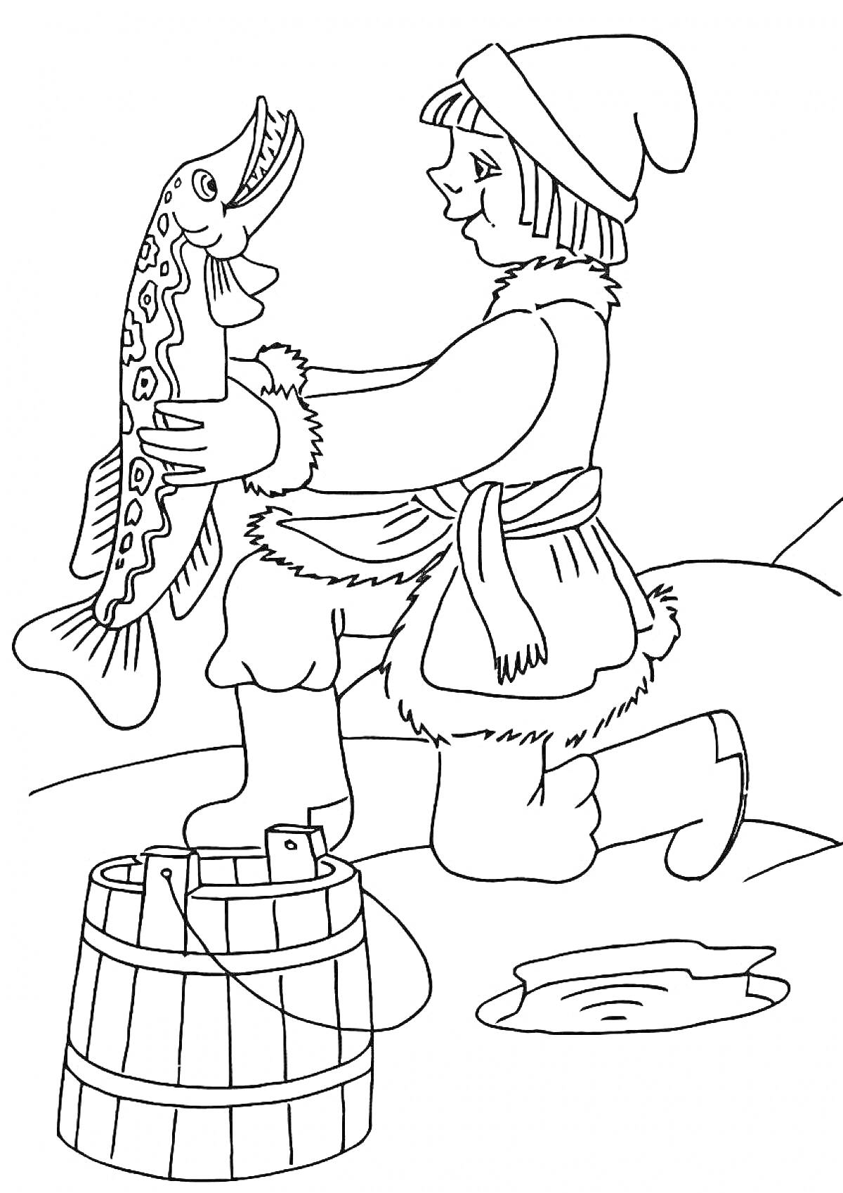 Раскраска Емеля с рыбой возле проруби и ведра