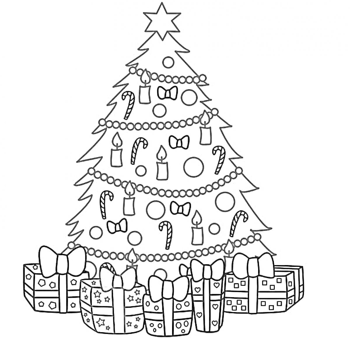 На раскраске изображено: Новогодняя елка, Украшения, Свечи, Конфеты, Подарки, Гирлянда, Новый год, Рождество
