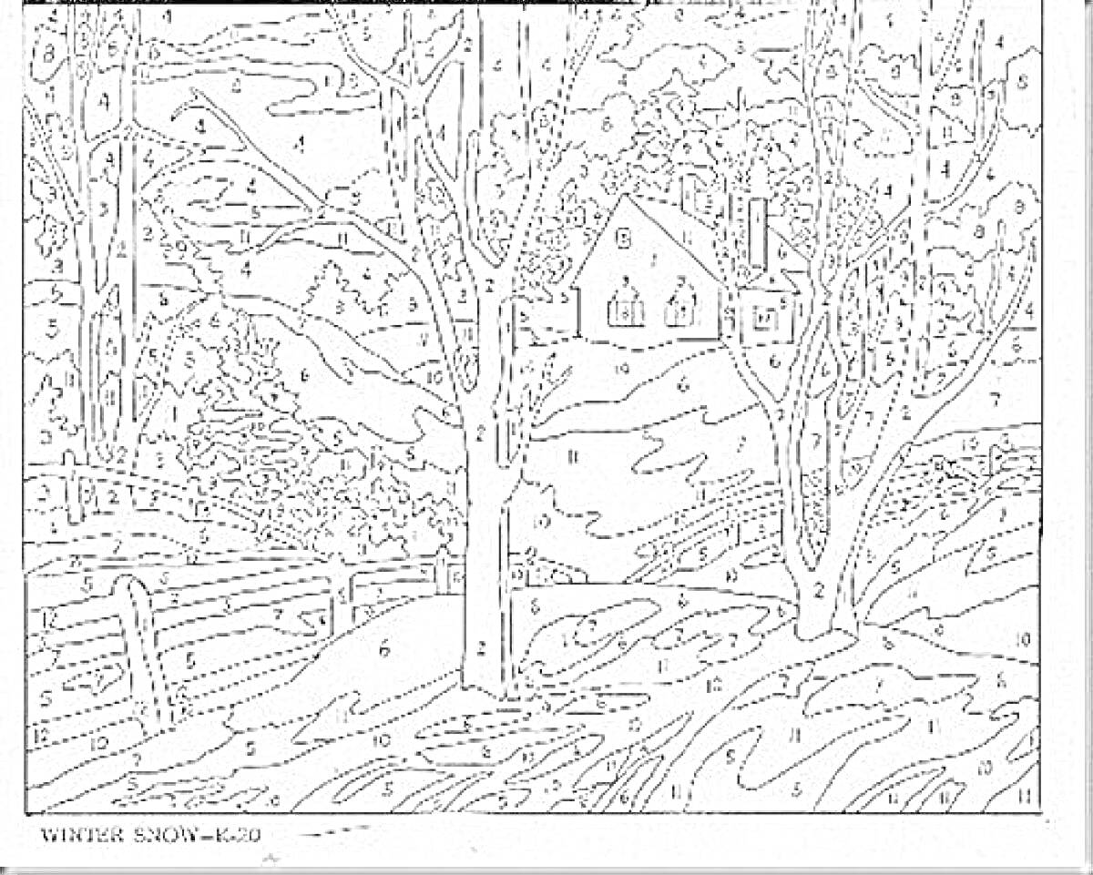 На раскраске изображено: Зима, Пейзаж, Дом, Забор, Деревья, Снег, Холмы, Природа, Вечер