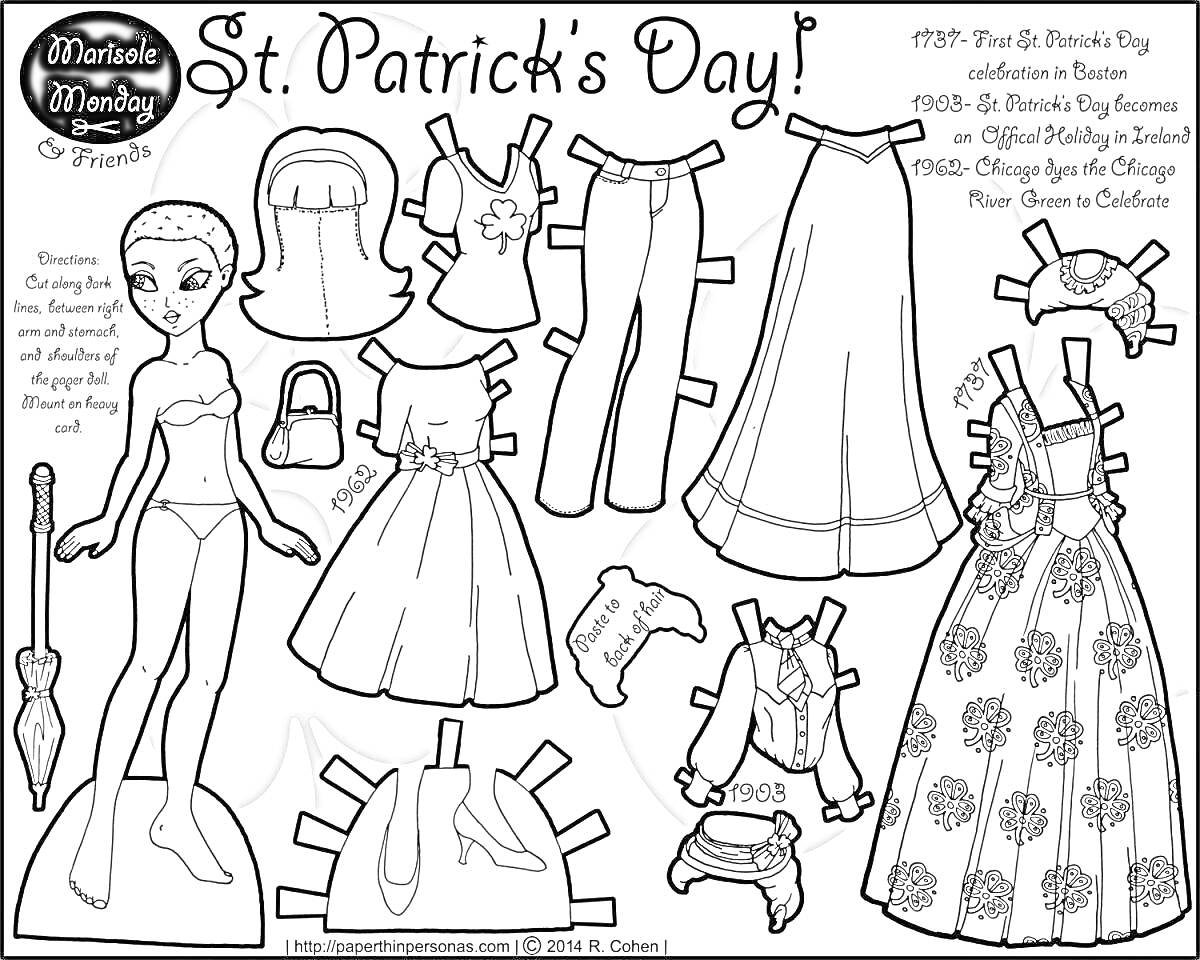 Раскраска Кукла с одеждой для вырезания на День Святого Патрика (наряды включают платье с фартуком, топ с клевером, широкие брюки, длинное платье в горох, сумочка, туфли, шляпа, кукла с раздевалкой)