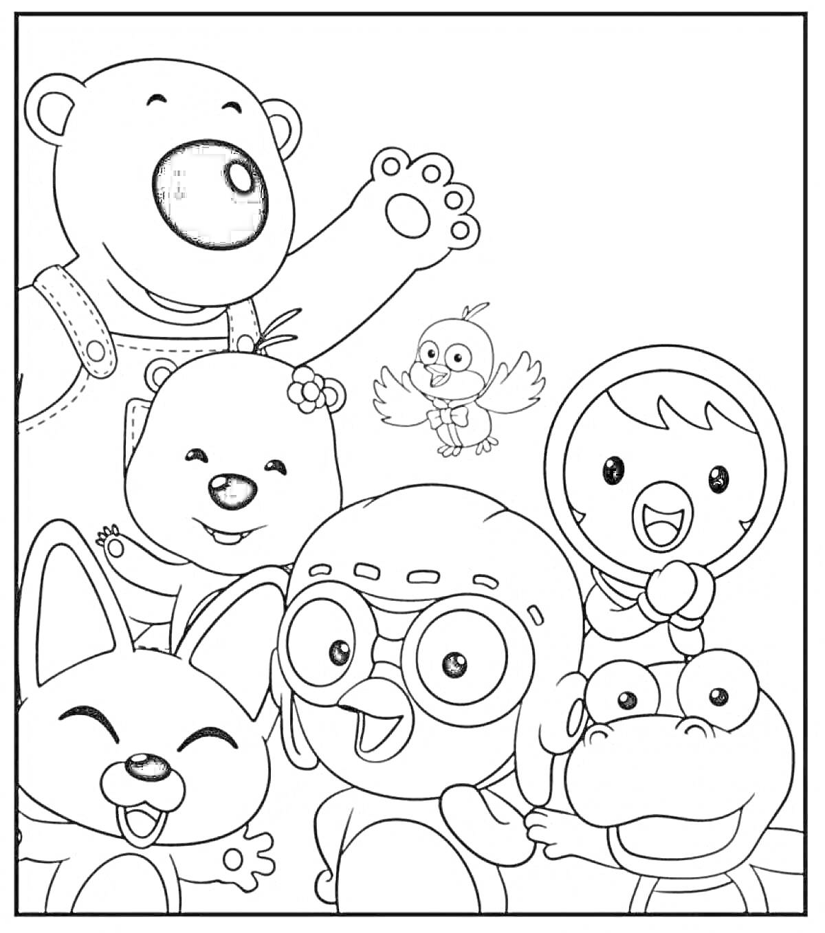 Раскраска Персонажи анимационного сериала с медведем, пингвином в очках, лягушкой, лисенком, птицей и девочкой в капюшоне.
