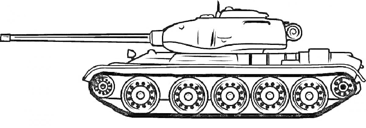 На раскраске изображено: Танк, Т-34, Военная техника, Катки, Длинное орудие, Боевой танк