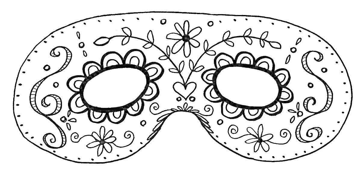 На раскраске изображено: Маска, Цветы, Завитки
