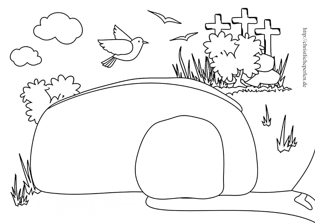 Раскраска Пещера с крестами, птицей, облаками и растительностью